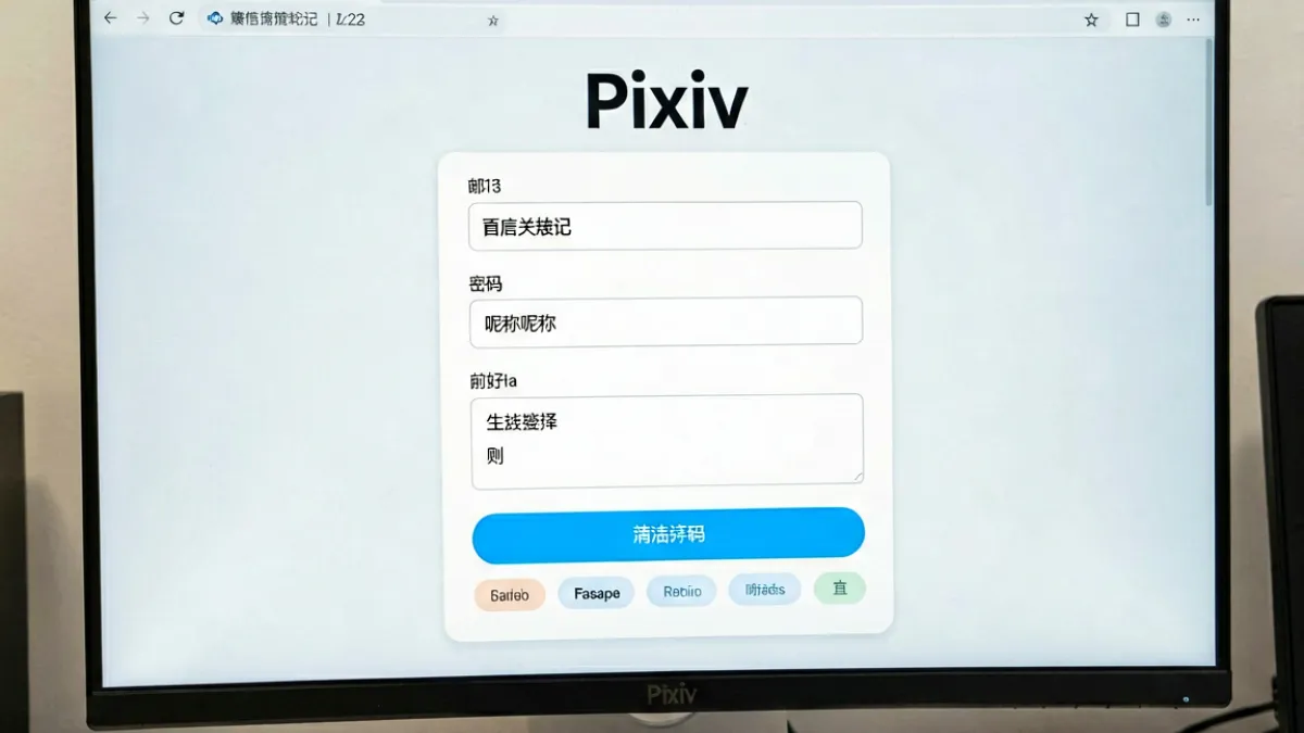 Pixiv注册流程界面截图，展示填写邮箱、昵称与偏好标签的操作步骤
